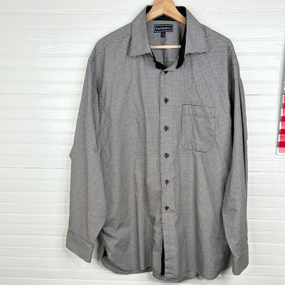 Paul Fredrick Men's Black and White Houndstooth Long Sleeve Dress Shirt Sz XXL